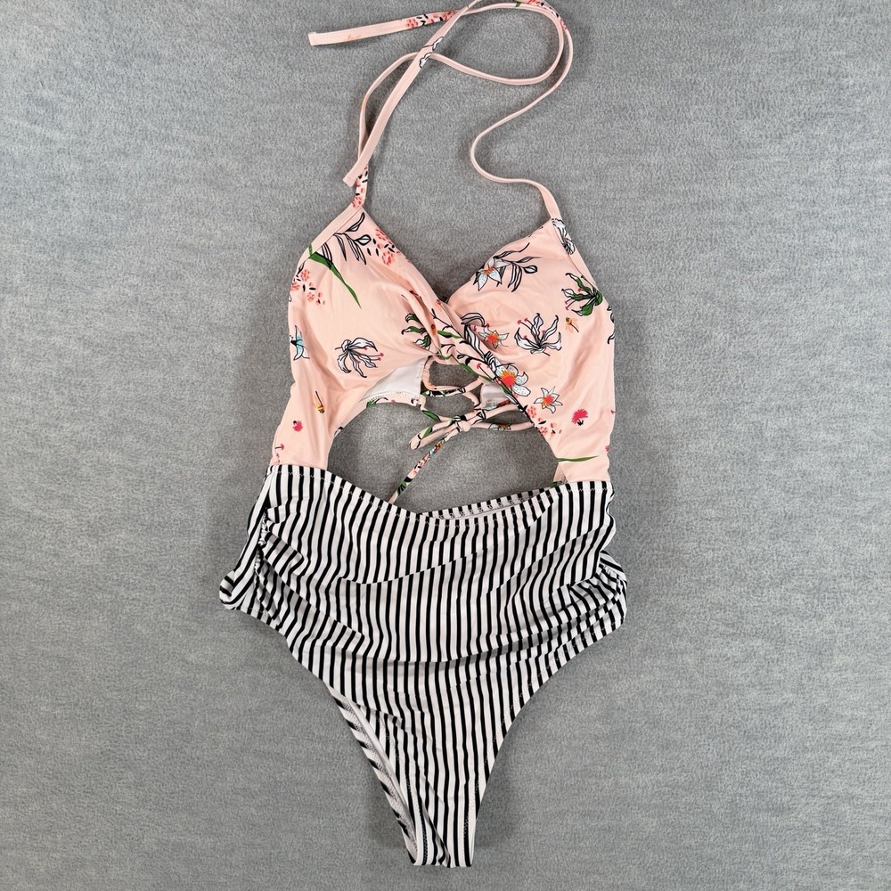 Cupshe M Floral Twist Cut Out Bathing Suit Swim Pink Corset Back Striped